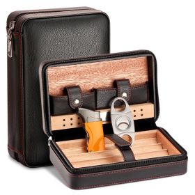Cedar Wood Cigar Humidor Box Travel With Humidifier Leather Cigar Case W/wo Lighter Cutter (Color: With Cutter Lighter)