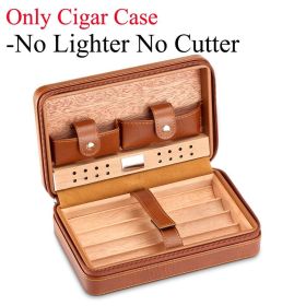 Cedar Wood Cigar Humidor Box Travel With Humidifier Leather Cigar Case W/wo Lighter Cutter (Color: only case)
