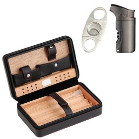 Luxury Cigar Humidor With Lighter Cutter Set Smoking Accessories Puro Lighter Jet Torch Windproof Gas Metal Charuto Punch Drill (Color: C Logo Black Set)