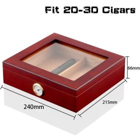 Cedar Wood Travel Cigar Humidor Box With Humidifier Hygrometer Humidor Cigar Box Case Glass Humidors Fit 20-30 Cigars (Color: Red)