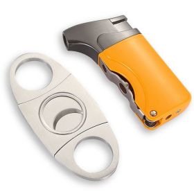 Windproof Butane Lighter Cutter Cigar Accessories Set Metal Gas Torch Lighters Stainless Steel Sharp Cigar Cutter (Color: Yellow)