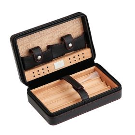 GALINER Cigar Humidor Case Charuto Cedar Wood Leather Travel Humidor Humidifier Set Gift Box (Without Lighter Cutter) (Color: C Logo BLACK)